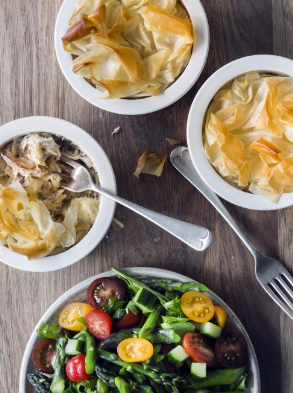 Smoked fish filo pot pies with asparagus salad