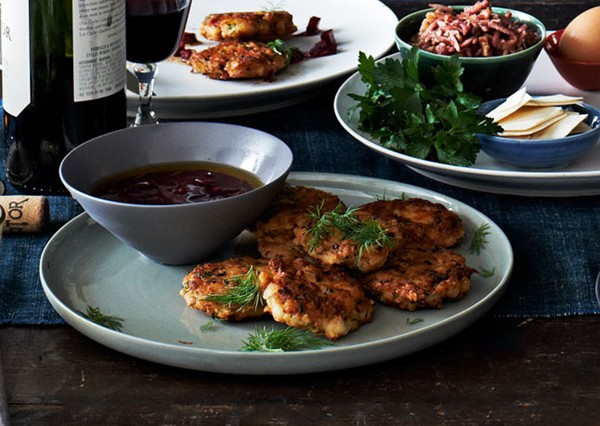 Smoked fish fritters with beet vinaigrette