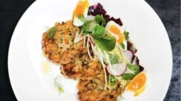 Smoked fish fritters with beetroot pickle