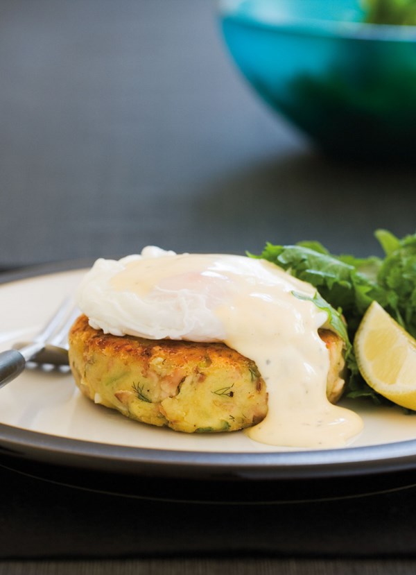 Smoked fish hash cakes with poached eggs