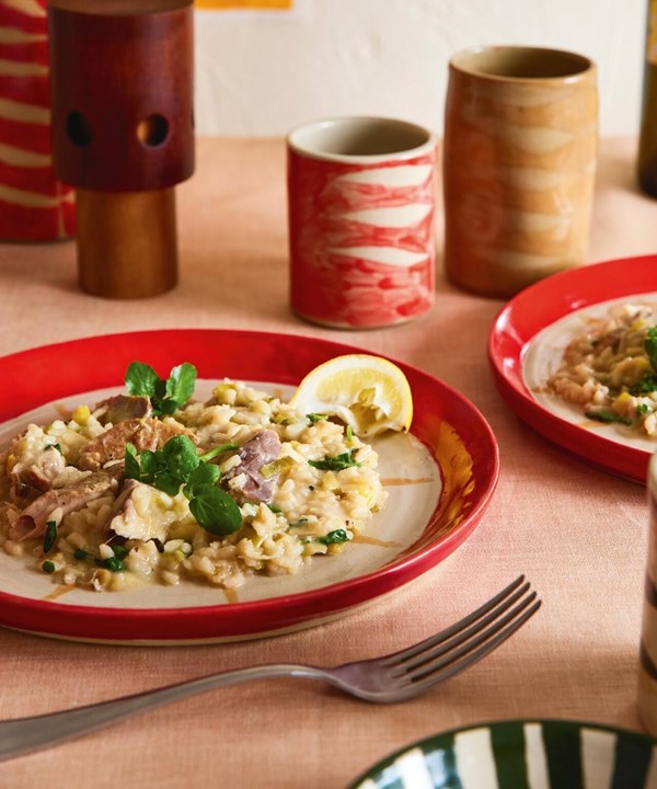 Smoked fish, leek & watercress risotto (Risotto con pesce affumicato, porri e crescione)