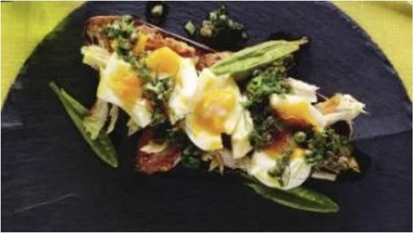 Smoked fish, soft egg and charred lemon tartine