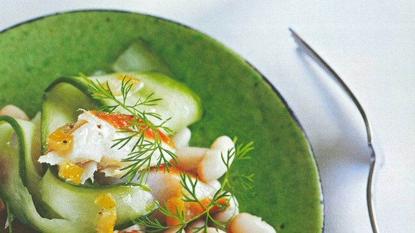 Smoked fish, white bean and pickled cucumber salad