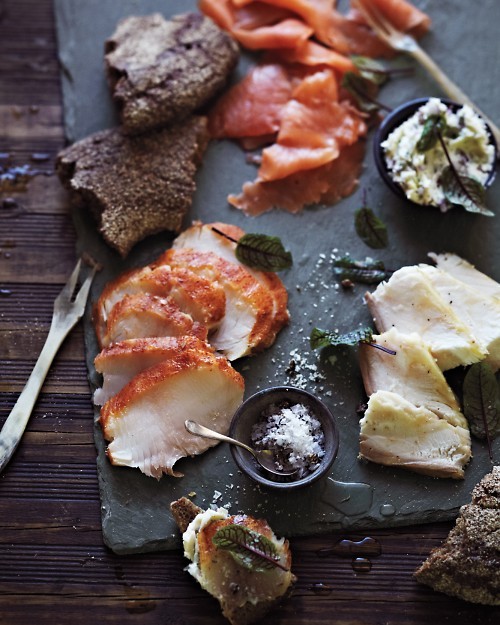 Smoked fish with juniper salt and sorrel-red onion butter