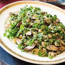 Smoked fish with Middle Eastern chickpea salad and green olive dressing
