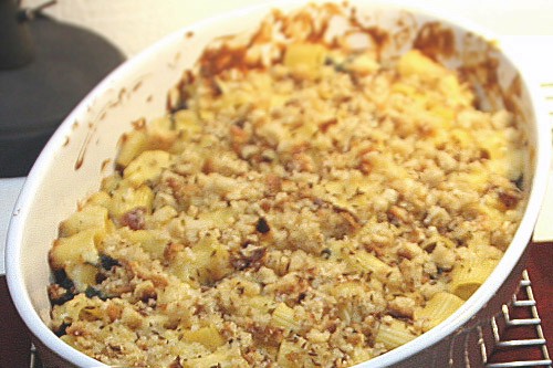 Smoked Gouda and white cheddar mac & cheese with Swiss chard