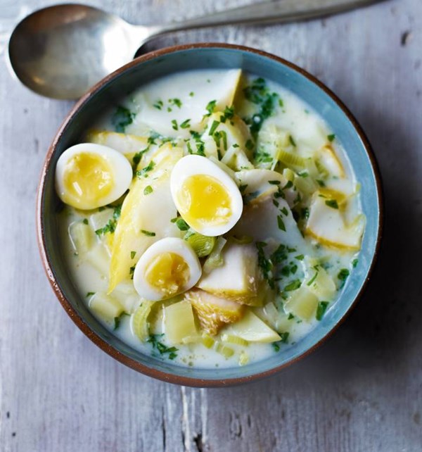 Smoked haddock and leek chowder with quails' eggs