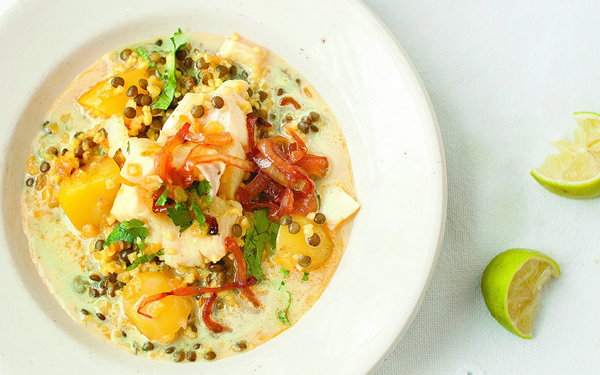 Smoked haddock and lentil stew with sweet onions