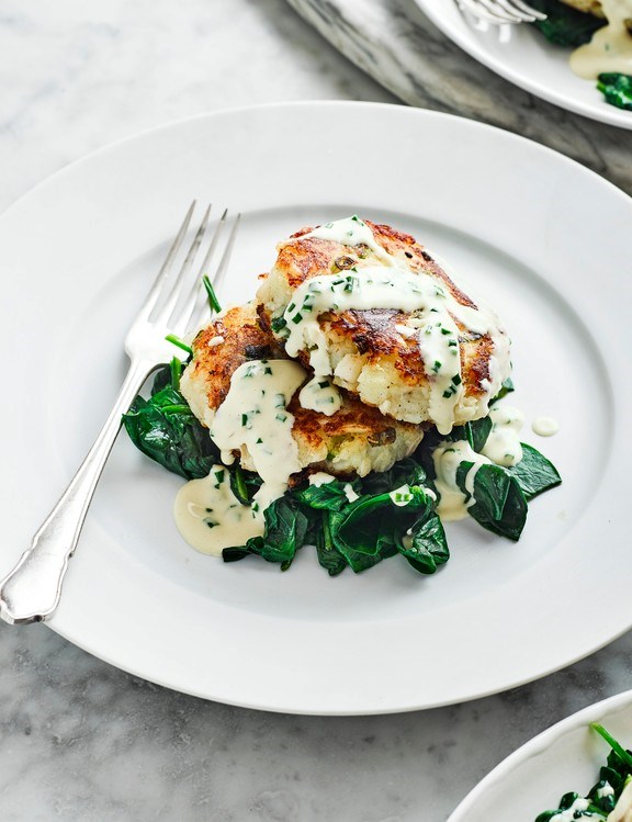 Smoked haddock and spring onion cakes with Dijon sauce