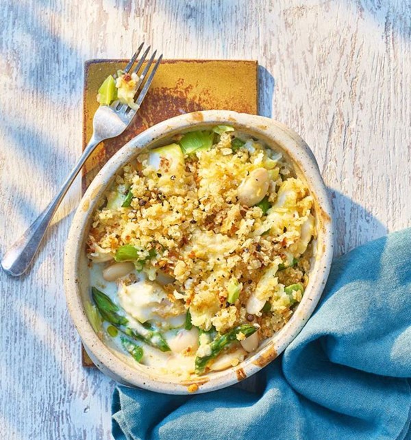 Smoked haddock, asparagus and bean gratin