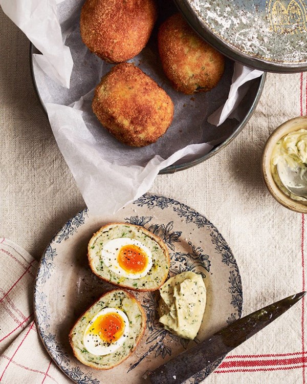 Smoked haddock Scotch eggs with chive and lemon mayo