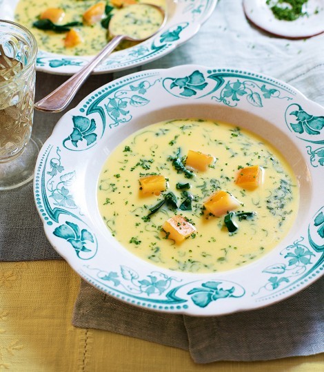 Smoked haddock soup with fresh herbs and spinach