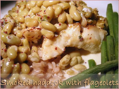 Smoked haddock with flageolet beans in a creamy mustard sauce
