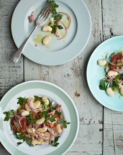 Smoked ham, butterbean & gherkin salad with slow-roasted tomatoes