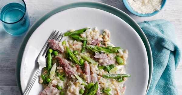 Smoked ham hock and barley risotto primavera