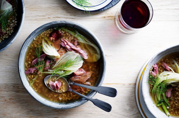 Smoked ham hock bouillon with fennel and barley