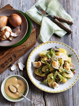 Smoked ham, smoked egg and potato salad with mustard dressing