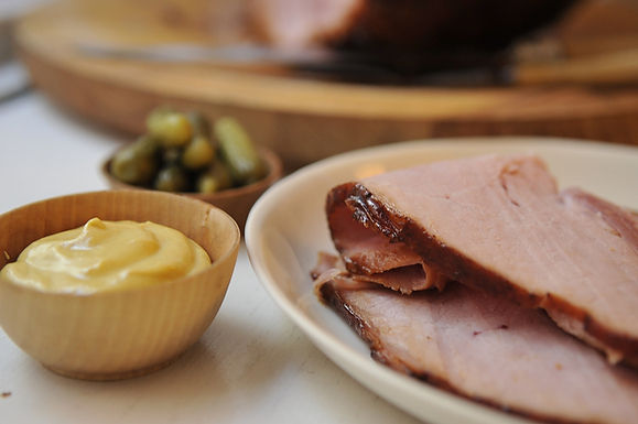 Smoked ham with pomegranate molasses, black pepper and mustard glaze