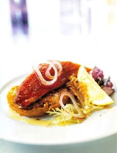 Smoked herring with leek and potato cakes