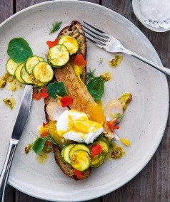 Smoked kahawai, poached egg, bread and butter courgette [Waihi Beach Hotel Eatery]