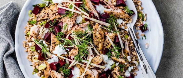 Smoked mackerel, beet and apple salad with creamy horseradish dressing