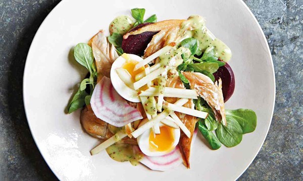 Smoked mackerel, beetroot, egg, apple and dill miso mustard dressing