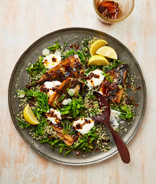 Smoked mackerel couscous with hot yoghurt