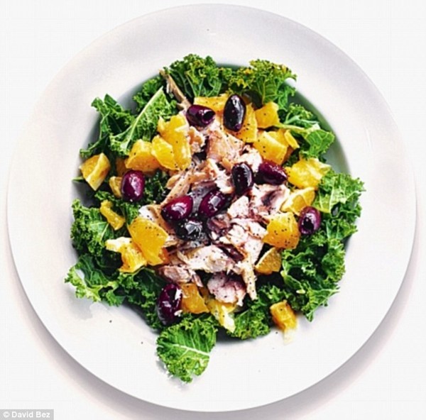Smoked mackerel, orange, kale and black olives