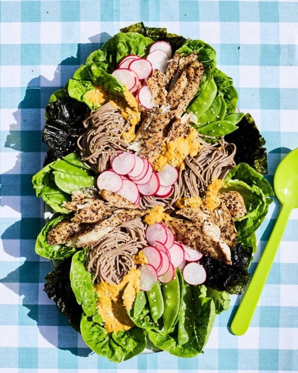 Smoked mackerel soba noodle salad with carrot, ginger and miso dressing