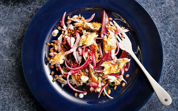 Smoked mackerel, spelt and beetroot salad
