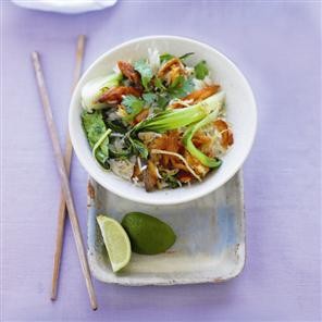 Smoked mackerel stir-fry with pak choi and rice