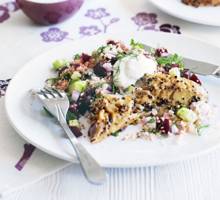 Smoked mackerel with herb & beet couscous