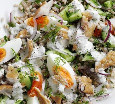 Smoked mackerel with herb spelt and horseradish dressing