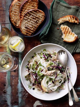 Smoked mackerel with Marsala currants and shaved fennel