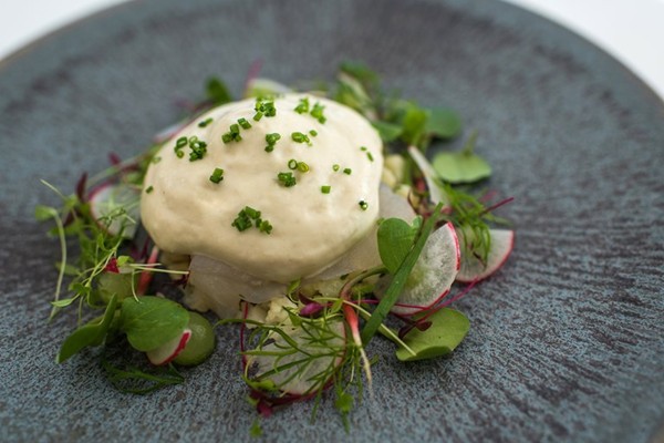 Smoked monkfish with oyster mousse and cauliflower couscous