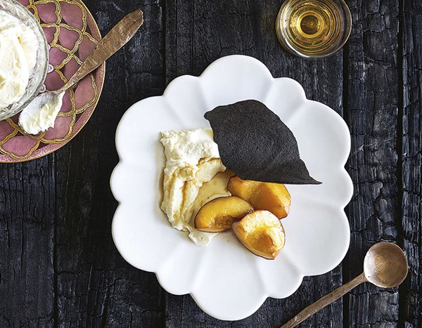 Smoked nectarines with goat's cheese mousse & activated charcoal wafers