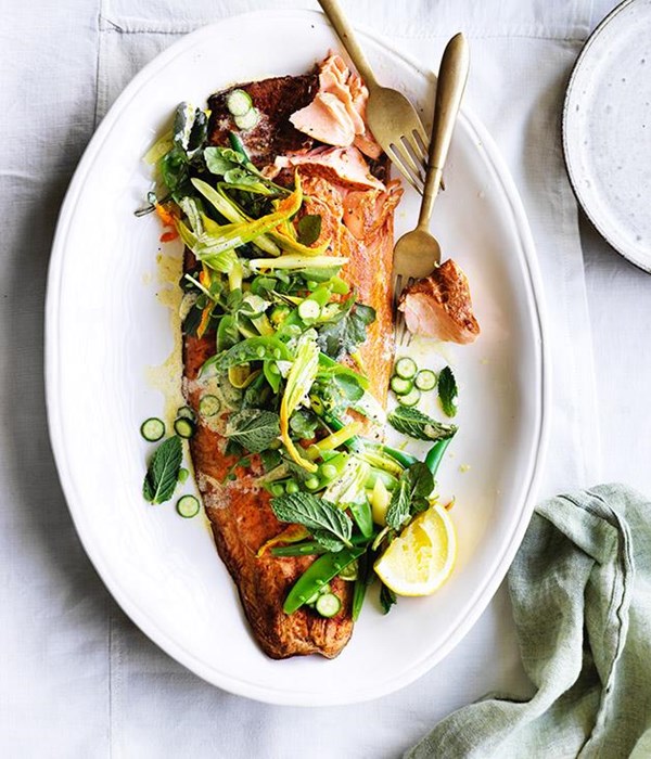 Smoked ocean trout with beans, peas and mint
