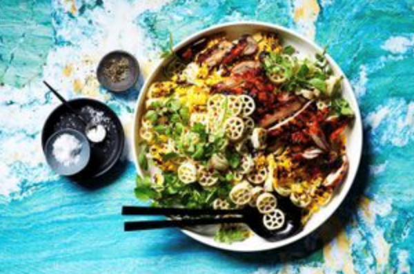 Smoked paprika chicken and corn pasta salad