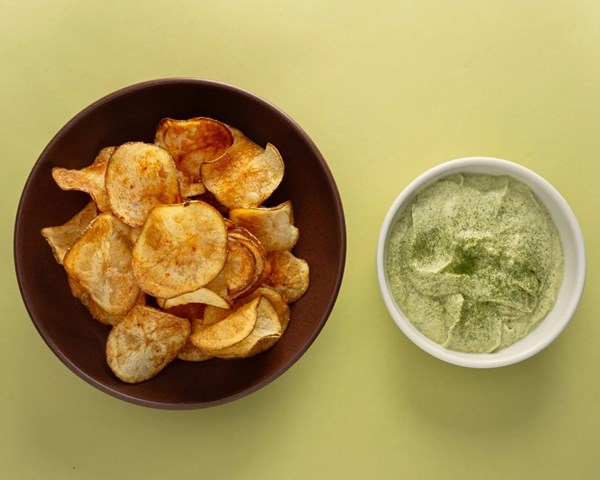 Smoked paprika chips and roasted garlic white bean dip