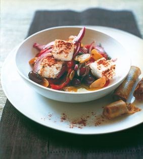 Smoked paprika feta salad with peppers, date cigarillos and sweet lemon dressing