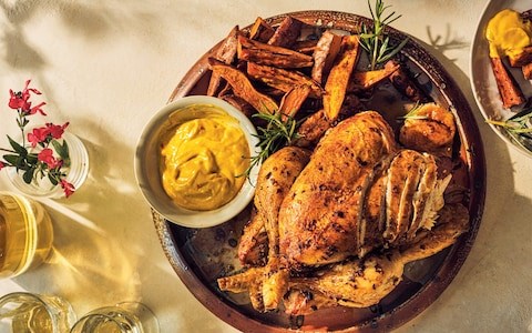 Smoked paprika roast chicken with saffron allioli, sweet potatoes and rosemary