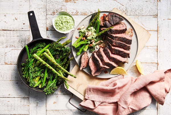 Smoked paprika skirt steak with broccolini and asparagus