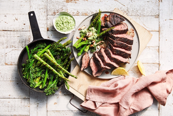 Smoked paprika skirt steak with broccolini and asparagus