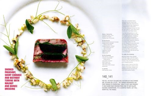 Smoked pheasant, Savoy cabbage and beetroot terrine with walnut and quince dressing