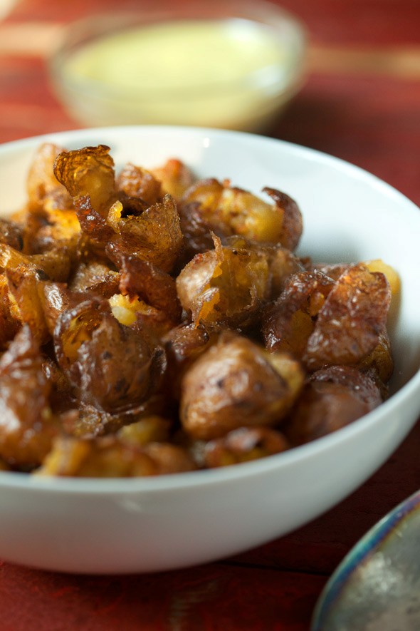 Smoked pickled potatoes with anchovy aioli
