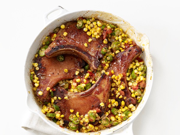 Smoked pork chops with corn and okra