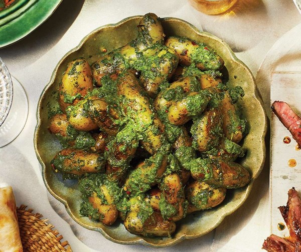 Smoked potatoes with Thai green sauce