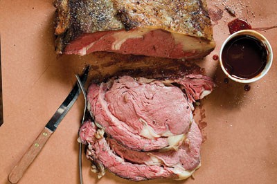 Smoked prime rib with peach-chipotle sauce