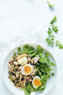 Smoked river trout salad with wild rice and watercress