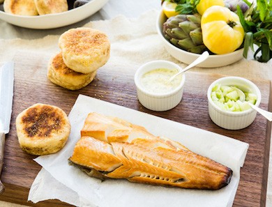 Smoked sablefish, Meyer lemon, cucumber, English muffin
